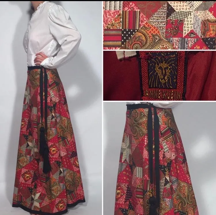 Anne Klein Lion Head Logo 1970s Tassle Belted Maxi Block Patterned Skirt
