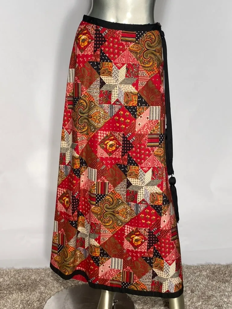 Anne Klein Lion Head Logo 1970s Tassle Belted Maxi Block Patterned Skirt
