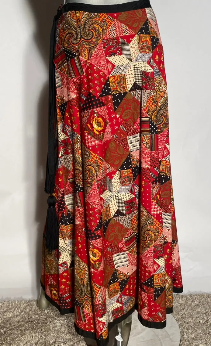 Anne Klein Lion Head Logo 1970s Tassle Belted Maxi Block Patterned Skirt