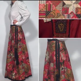 Anne Klein Lion Head Logo 1970s Tassle Belted Maxi Block Patterned Skirt