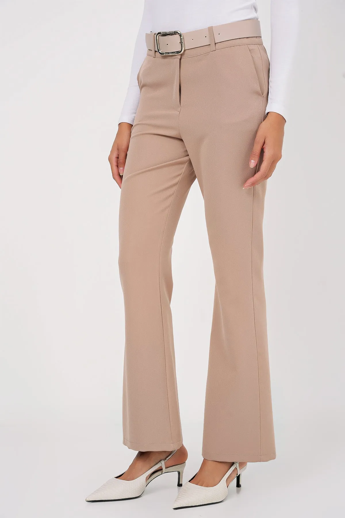 BGD Women Belted Spanish Flare Pants - Beige - Saginaw