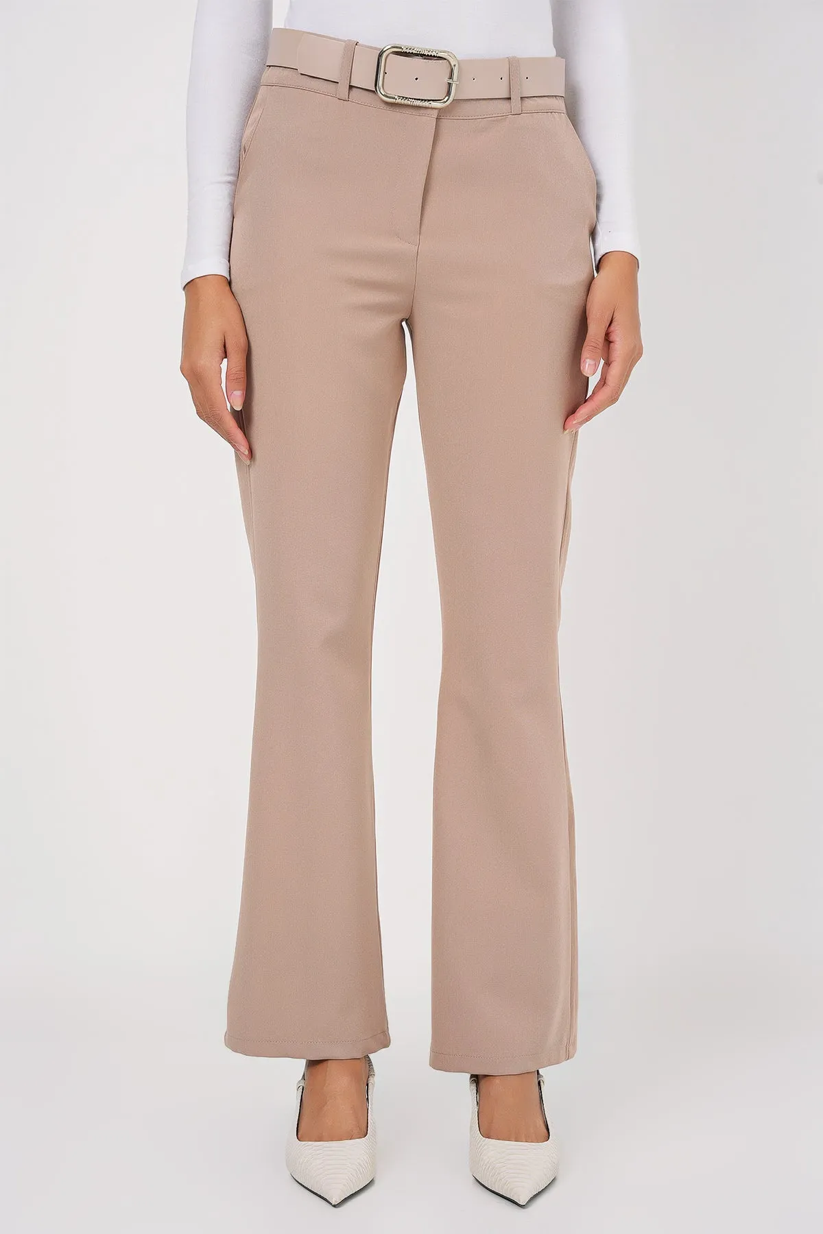 BGD Women Belted Spanish Flare Pants - Beige - Saginaw