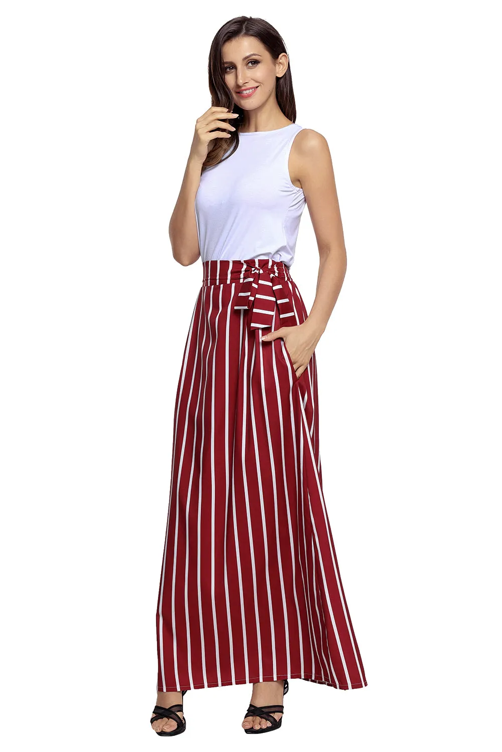 Burgundy Striped Maxi Skirt