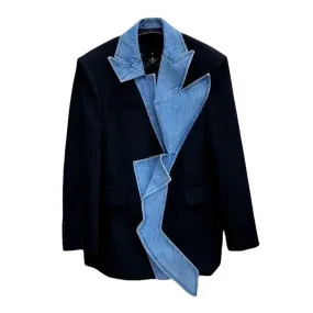 Colorblock Casual Patchwork Denim Blazers For Women Lapel Long Sleeves Designer Vintage Blazer Female Fashion