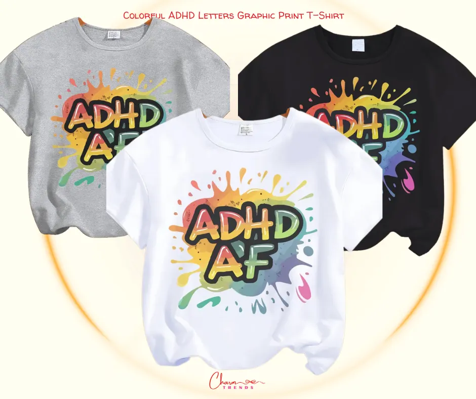 Colorful ADHD Letters Graphic Print T-Shirt