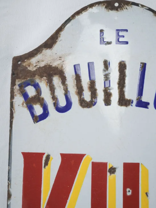 Large colorful French enameled épicerie advertisement sign for bouillon cubes 39" x 13½"