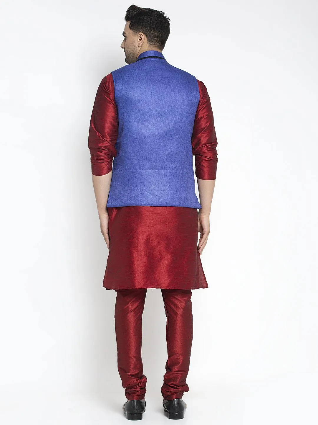 Men's Silk Blend Maroon Kurta With Pyjama & Royal Blue Nehru Jacket - Benstoke