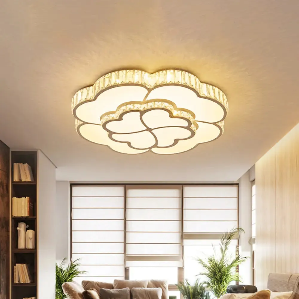 Modern 2-Layer Clover Crystal Flush Light LED Ceiling Lamp - White, 16"/19.5" Wide