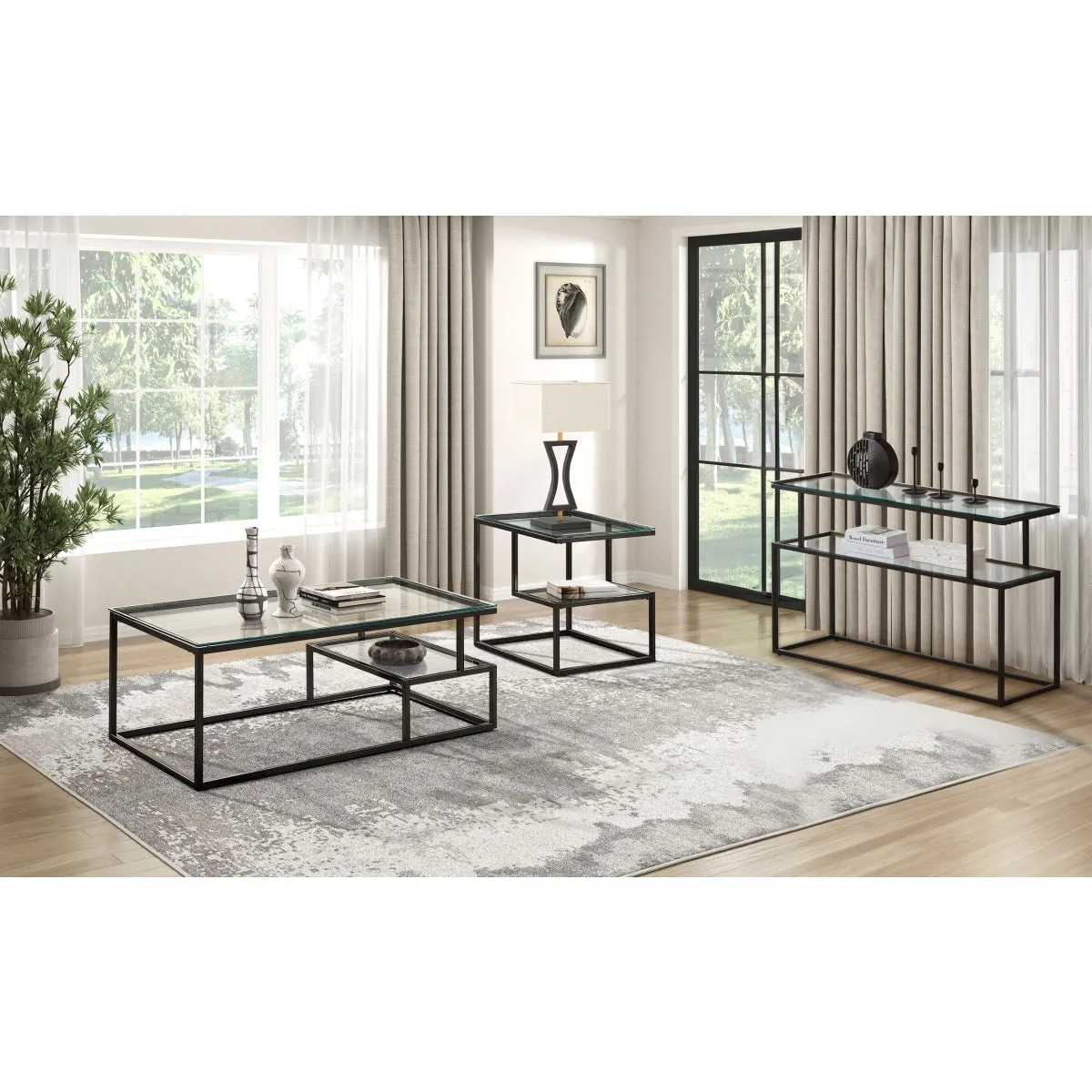 Modern Glass & Black Metal Geometric Sofa Table