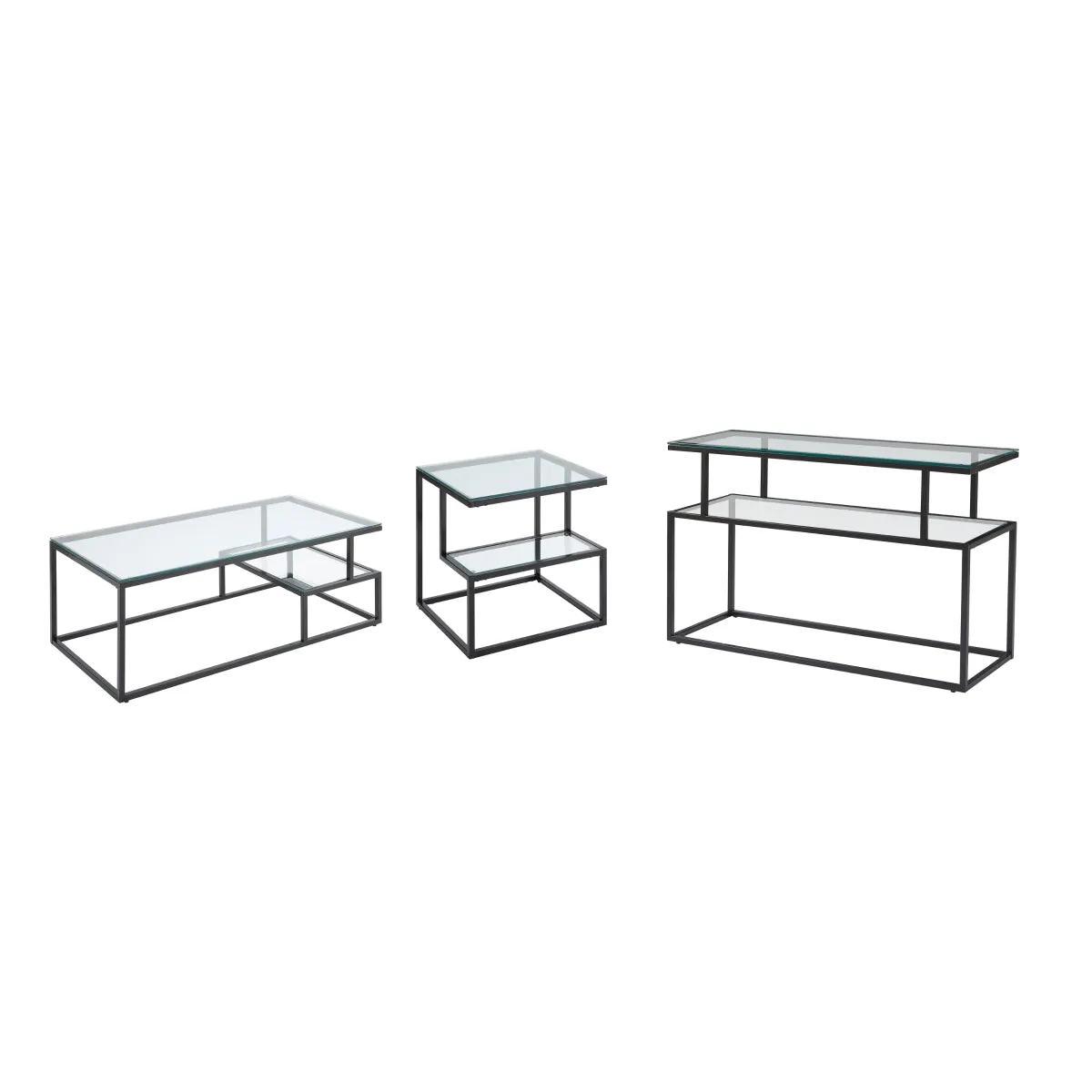 Modern Glass & Black Metal Geometric Sofa Table