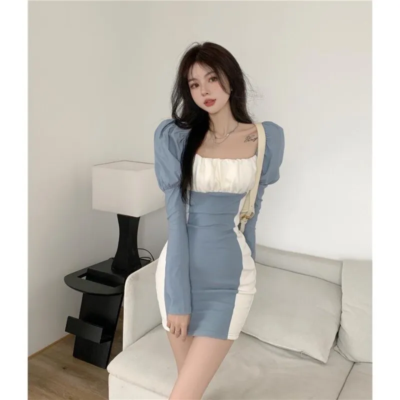 Nsquared French Long Bubble Sleeved Square Neck Dress with Waistband Tight and Sexy Mini A-line Dress