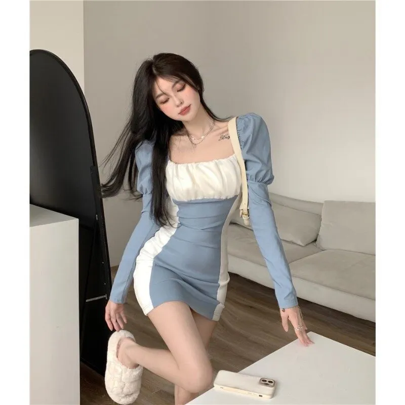 Nsquared French Long Bubble Sleeved Square Neck Dress with Waistband Tight and Sexy Mini A-line Dress