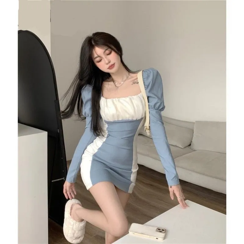 Nsquared French Long Bubble Sleeved Square Neck Dress with Waistband Tight and Sexy Mini A-line Dress