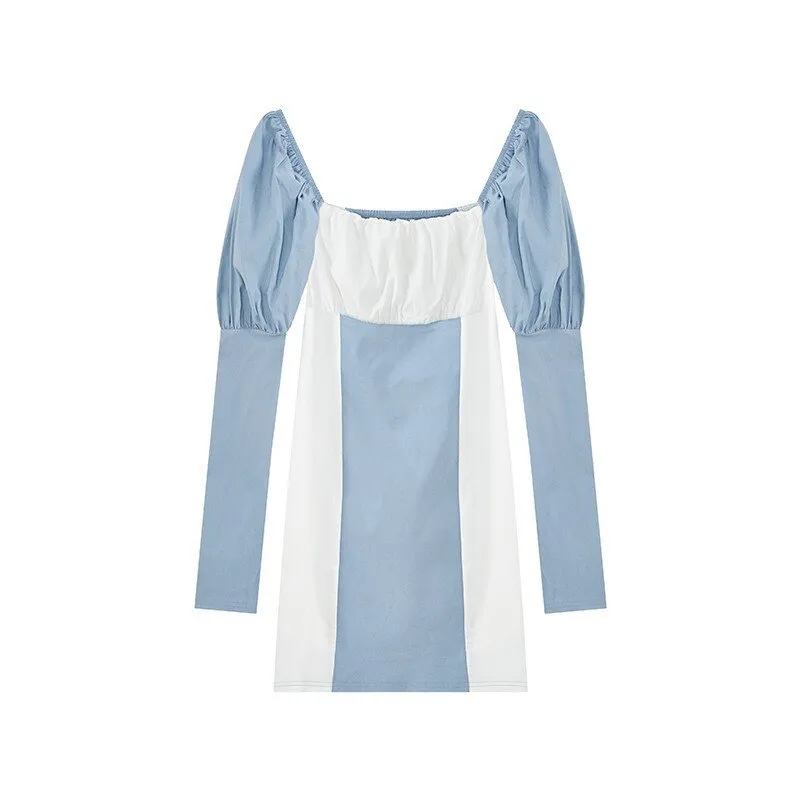 Nsquared French Long Bubble Sleeved Square Neck Dress with Waistband Tight and Sexy Mini A-line Dress