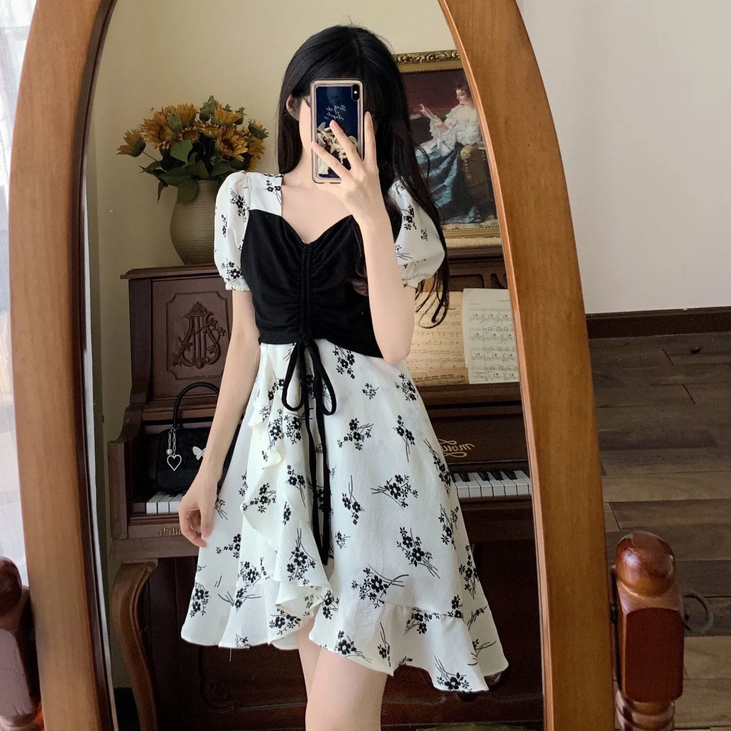 Nsquared Summer Short Sleeve Square Collar Ruffles Floral Dress | Elegant Sweet Folds Bandage Women Casual Fake Two Pieces Dresses