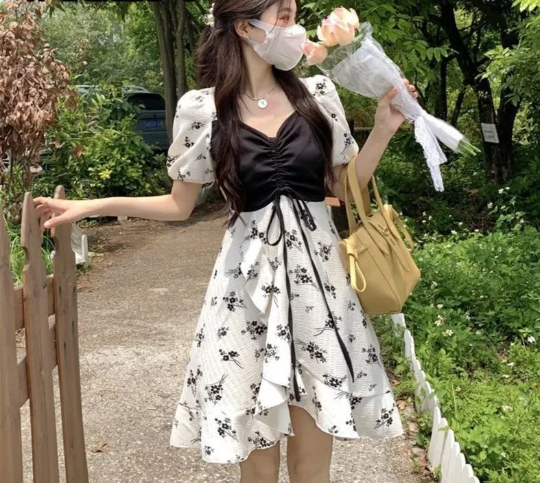 Nsquared Summer Short Sleeve Square Collar Ruffles Floral Dress | Elegant Sweet Folds Bandage Women Casual Fake Two Pieces Dresses