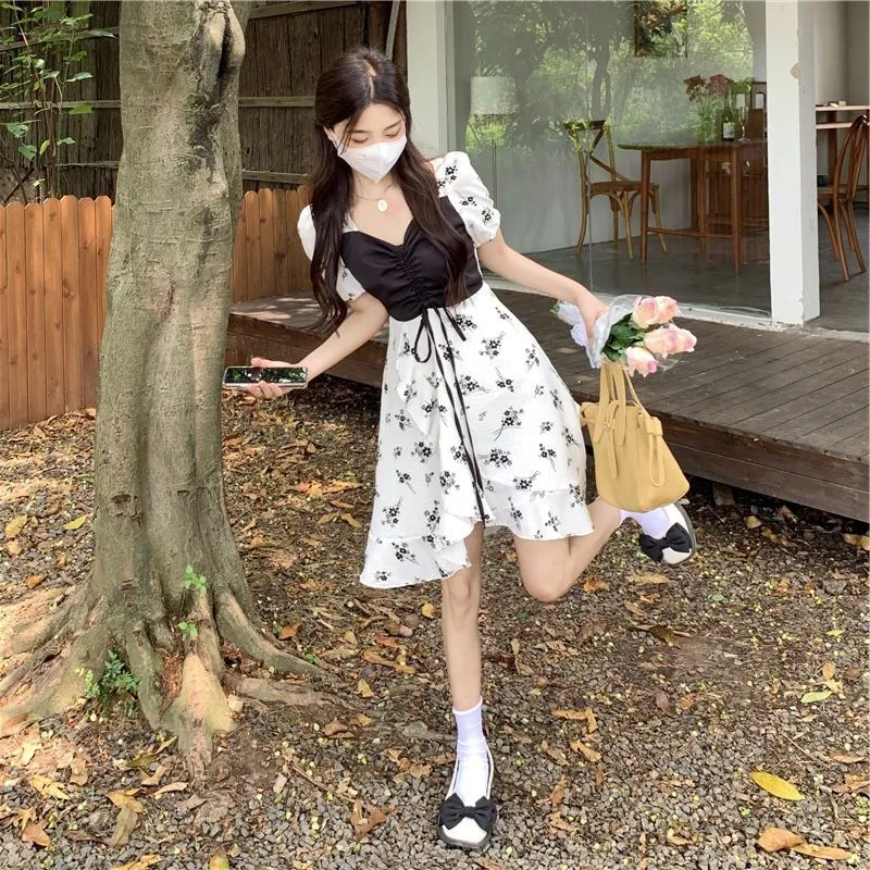 Nsquared Summer Short Sleeve Square Collar Ruffles Floral Dress | Elegant Sweet Folds Bandage Women Casual Fake Two Pieces Dresses