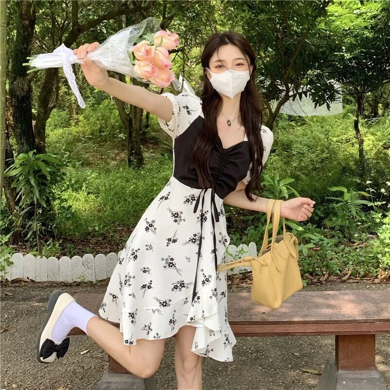 Nsquared Summer Short Sleeve Square Collar Ruffles Floral Dress | Elegant Sweet Folds Bandage Women Casual Fake Two Pieces Dresses