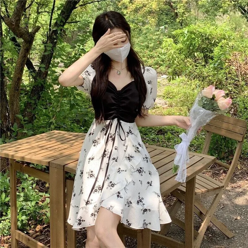 Nsquared Summer Short Sleeve Square Collar Ruffles Floral Dress | Elegant Sweet Folds Bandage Women Casual Fake Two Pieces Dresses