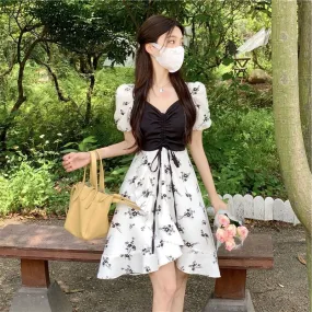Nsquared Summer Short Sleeve Square Collar Ruffles Floral Dress | Elegant Sweet Folds Bandage Women Casual Fake Two Pieces Dresses