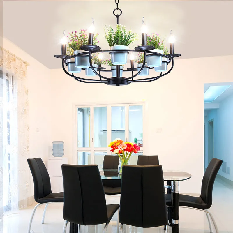 Vintage Style Metal Black Chandelier with Flowerpot Deco - 6/8 Light Candle Hanging Ceiling Fixture