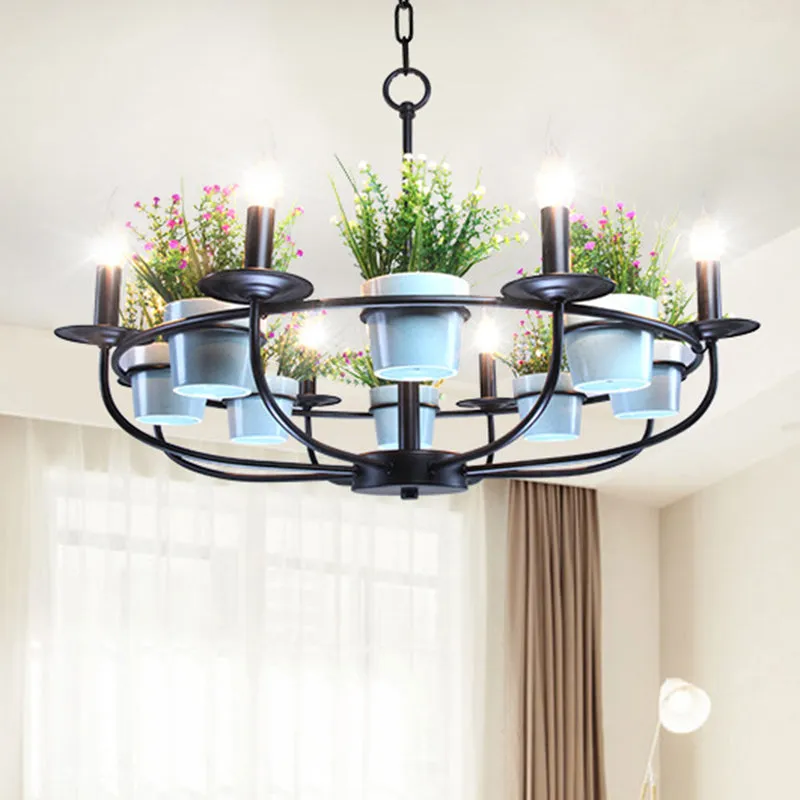 Vintage Style Metal Black Chandelier with Flowerpot Deco - 6/8 Light Candle Hanging Ceiling Fixture