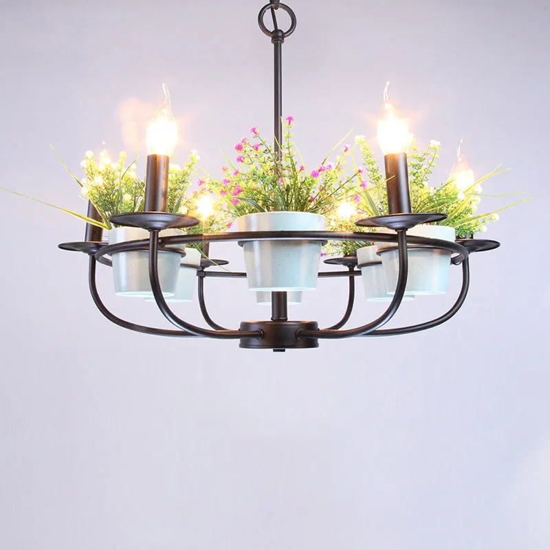 Vintage Style Metal Black Chandelier with Flowerpot Deco - 6/8 Light Candle Hanging Ceiling Fixture
