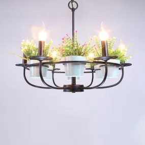 Vintage Style Metal Black Chandelier with Flowerpot Deco - 6/8 Light Candle Hanging Ceiling Fixture