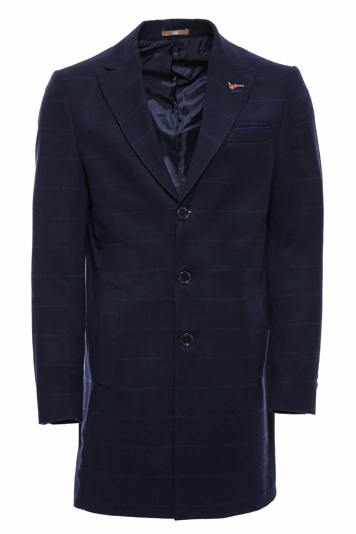 WSS Wide Pointed Collar Navy Blue Plaid Coat  - Singen