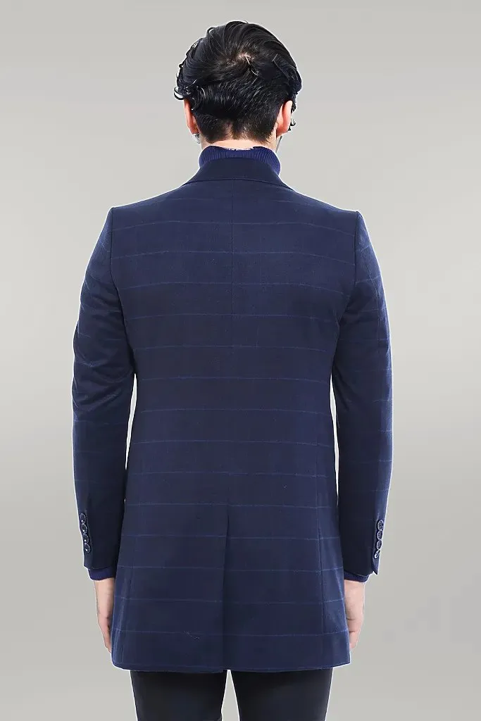 WSS Wide Pointed Collar Navy Blue Plaid Coat  - Singen