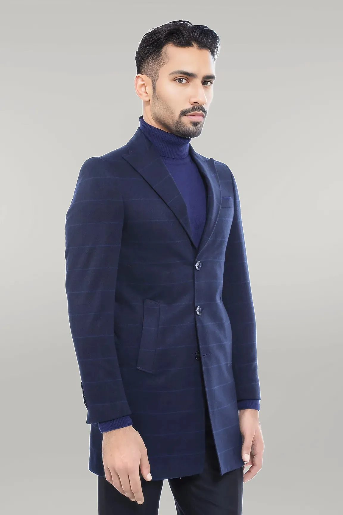 WSS Wide Pointed Collar Navy Blue Plaid Coat  - Singen