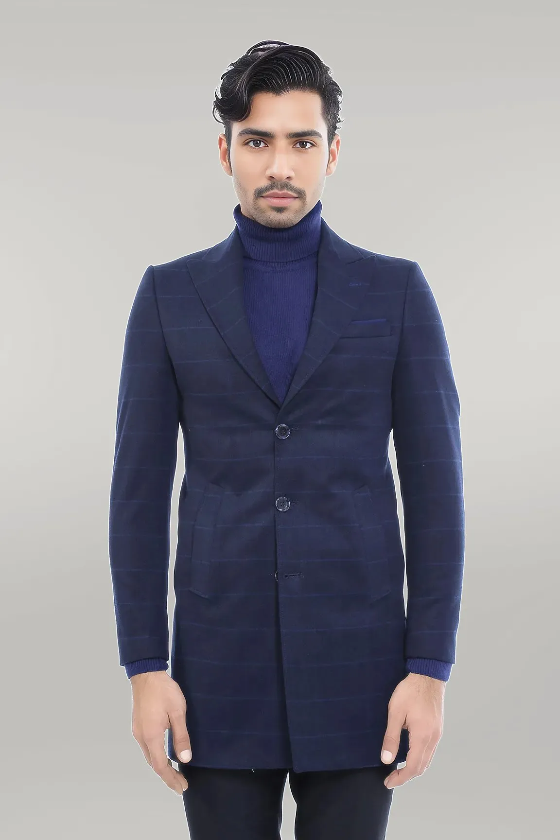 WSS Wide Pointed Collar Navy Blue Plaid Coat  - Singen