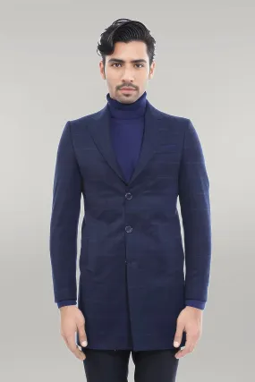 WSS Wide Pointed Collar Navy Blue Plaid Coat  - Singen